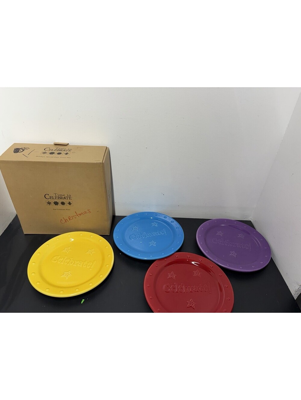 Vintage Dept 56 Star Celebrate Plate Set Of 4 Purple, Blue, Red, & Yellow 9”